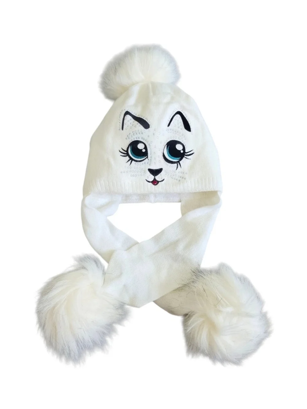 Toddler Girls White Cat Winter Hat Faux Fur Pom Pom Ear Flaps Rhinestones
